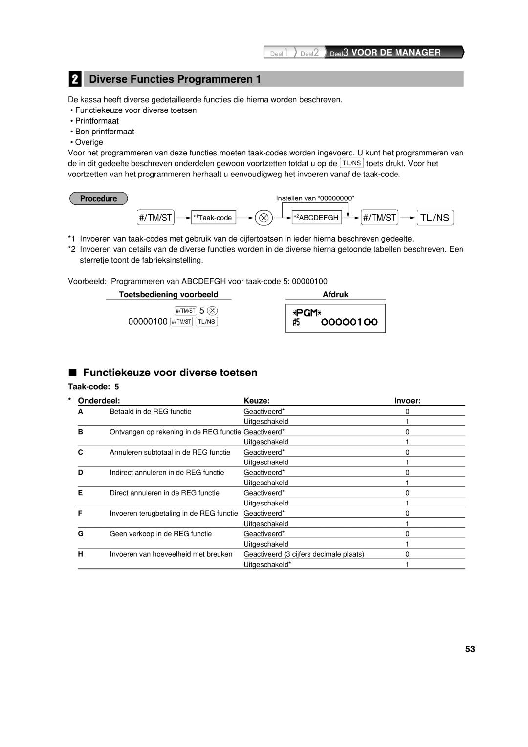 Sharp XE-A113 Diverse Functies Programmeren, Functiekeuze voor diverse toetsen, Taak-code Onderdeel Keuze Invoer 