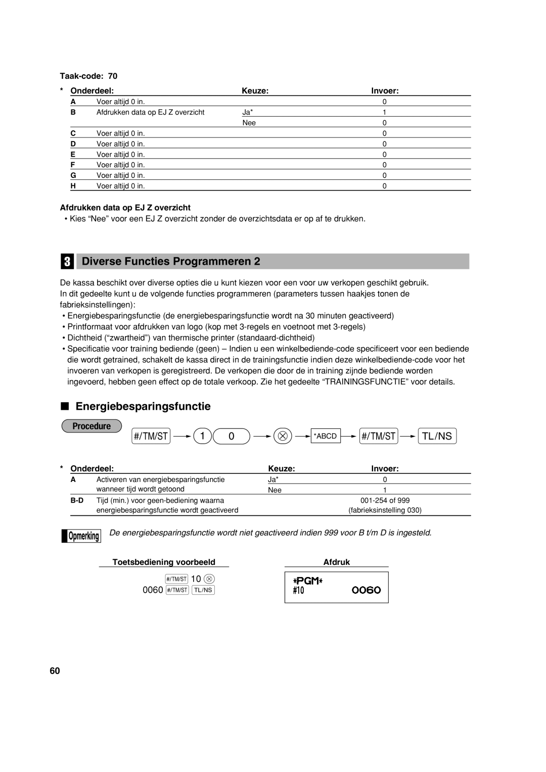 Sharp XE-A113 instruction manual Energiebesparingsfunctie, Afdrukken data op EJ Z overzicht 