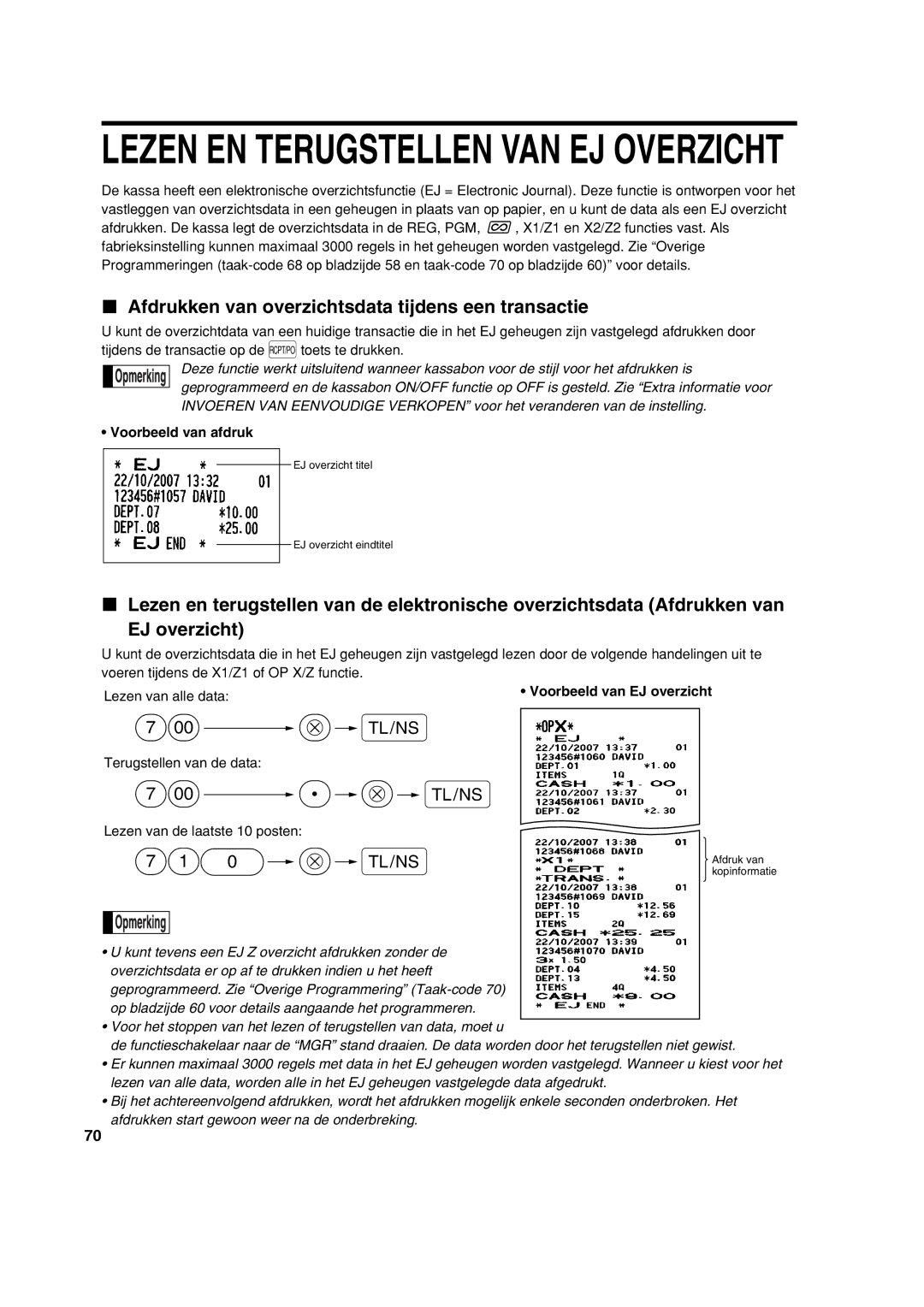 Sharp XE-A113 Afdrukken van overzichtsdata tijdens een transactie, Voorbeeld van afdruk, Voorbeeld van EJ overzicht 