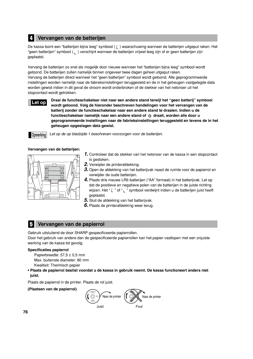 Sharp XE-A113 Vervangen van de batterijen, Vervangen van de papierrol, Specificaties papierrol, Plaatsen van de papierrol 