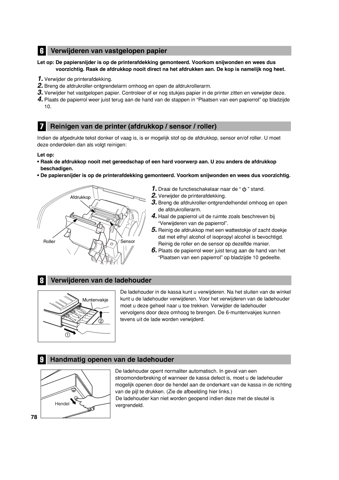 Sharp XE-A113 instruction manual Verwijderen van vastgelopen papier, Reinigen van de printer afdrukkop / sensor / roller 