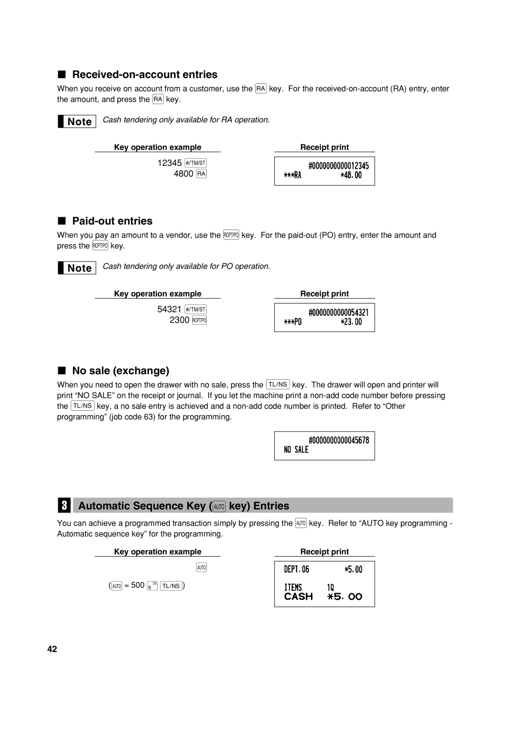 Sharp XE-A113 Received-on-account entries, Paid-out entries, No sale exchange, Automatic Sequence Key akey Entries 