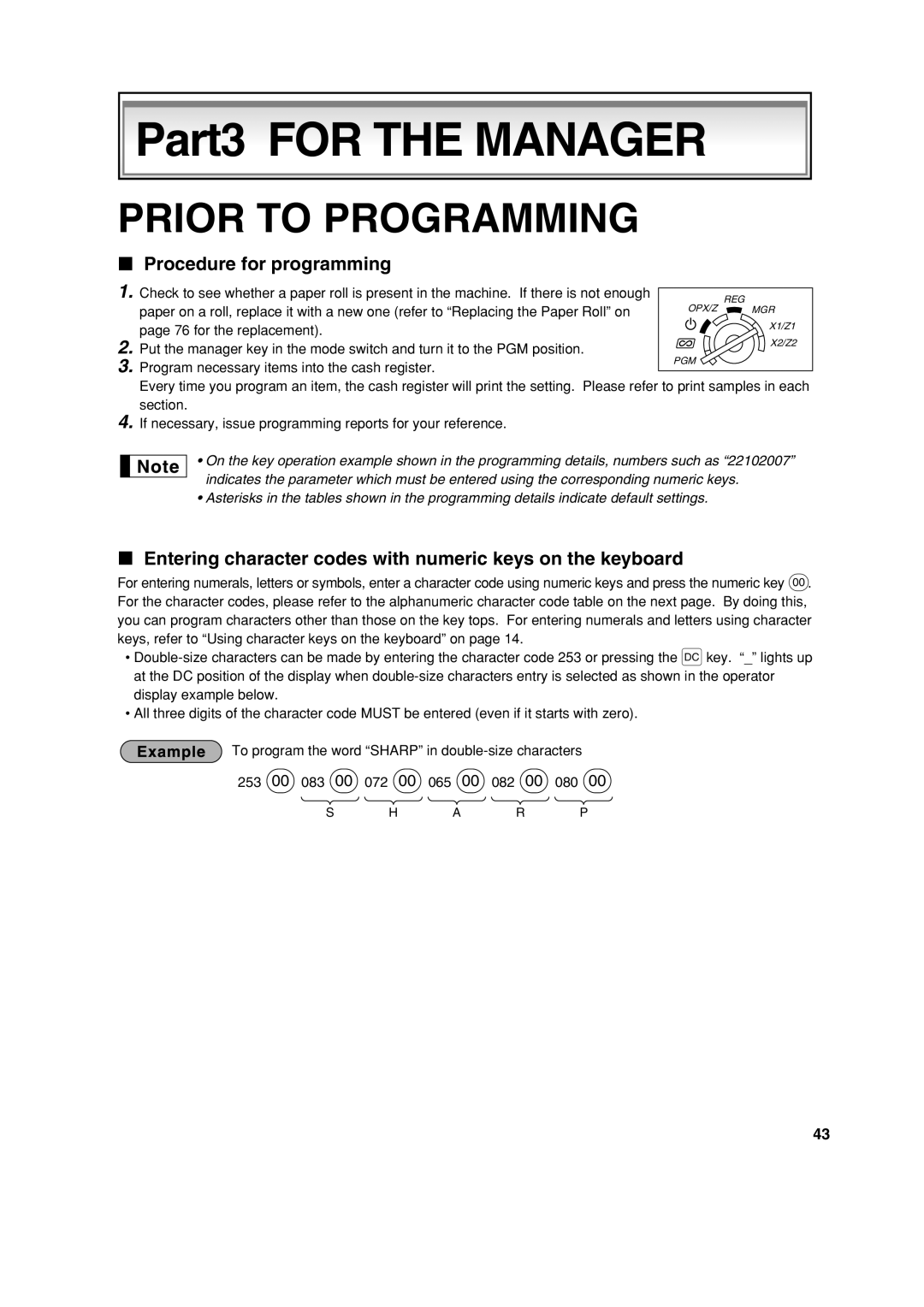 Sharp XE-A113 Prior to Programming, Procedure for programming, Entering character codes with numeric keys on the keyboard 