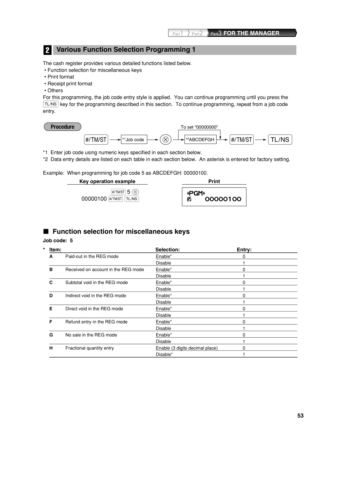 Sharp XE-A113 Various Function Selection Programming, Function selection for miscellaneous keys, Job code Selection Entry 