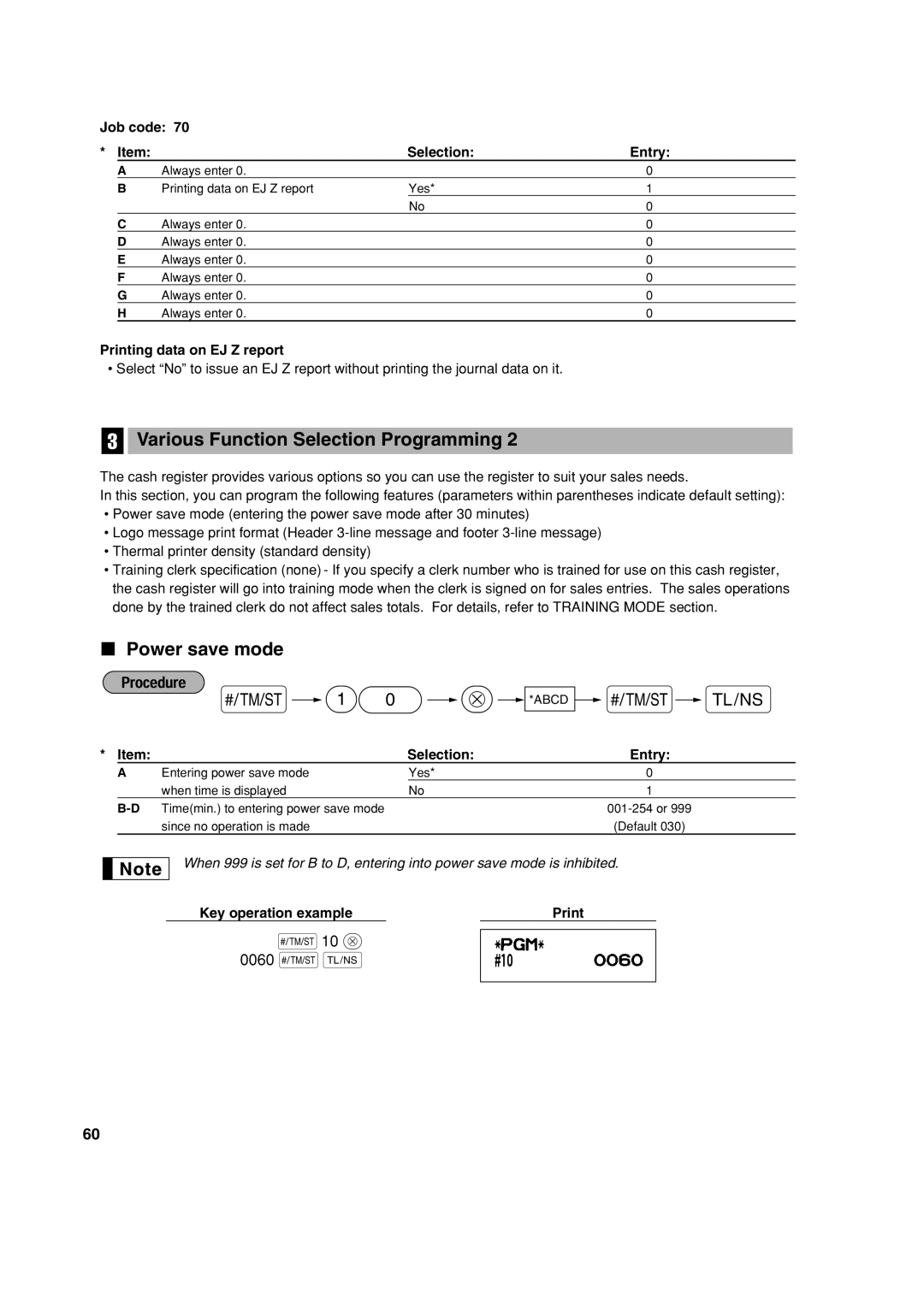 Sharp XE-A113 instruction manual Power save mode, Printing data on EJ Z report 