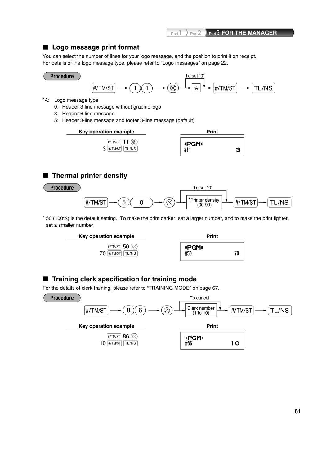 Sharp XE-A113 Logo message print format, Thermal printer density, Training clerk specification for training mode 