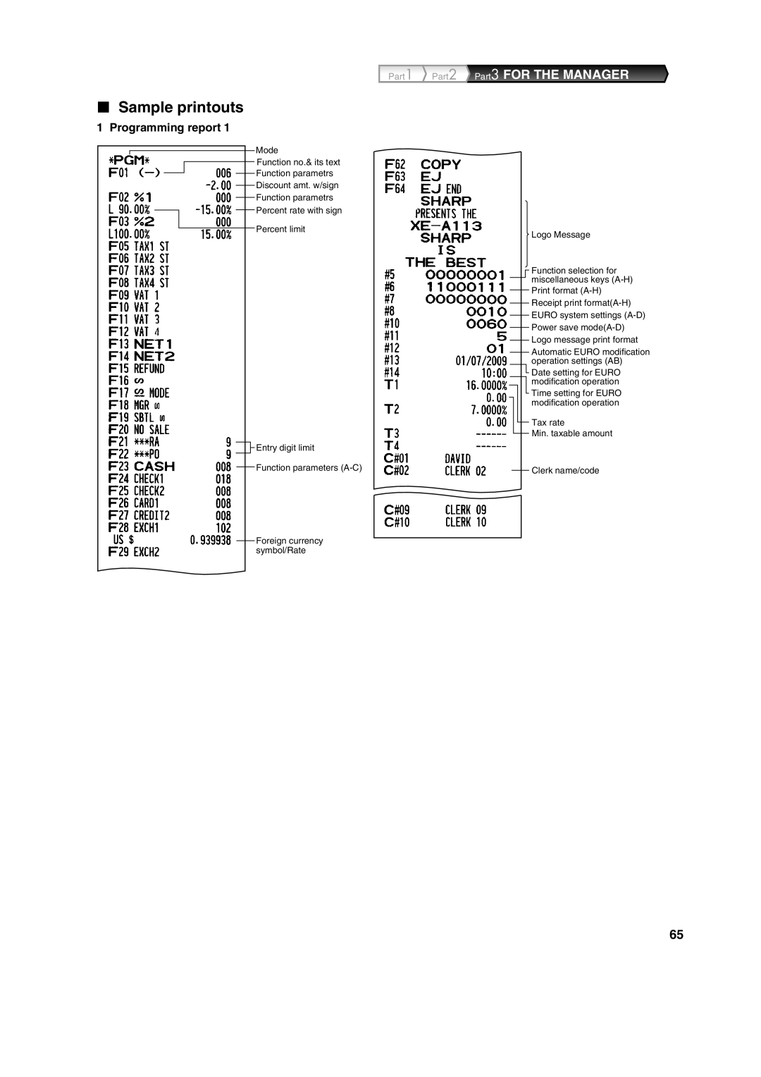 Sharp XE-A113 instruction manual Sample printouts, Programming report 