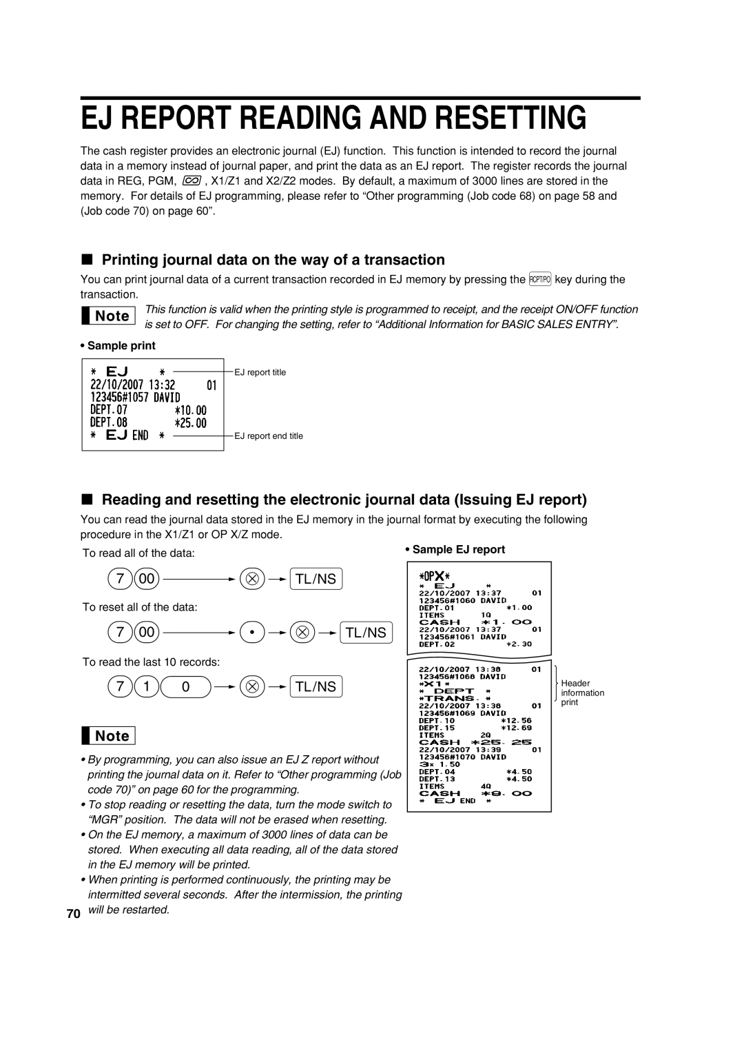 Sharp XE-A113 Printing journal data on the way of a transaction, Sample print, Sample EJ report, To reset all of the data 