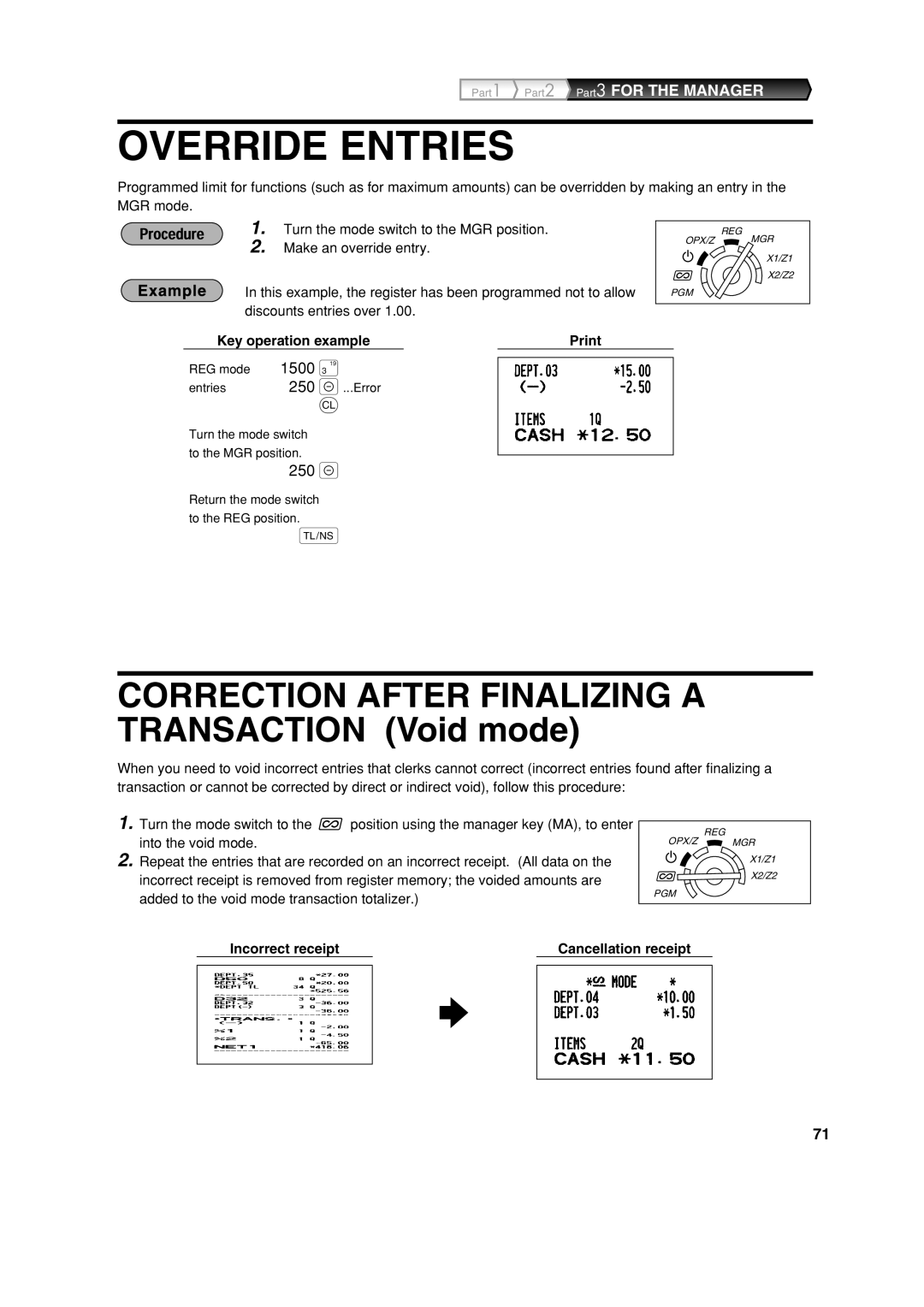 Sharp XE-A113 instruction manual Override Entries, Incorrect receipt Cancellation receipt 