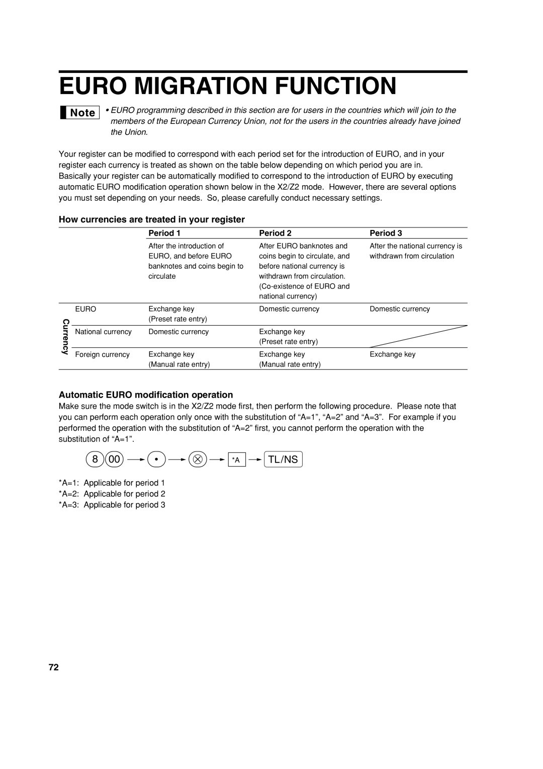 Sharp XE-A113 Euro Migration Function, How currencies are treated in your register, Automatic Euro modification operation 