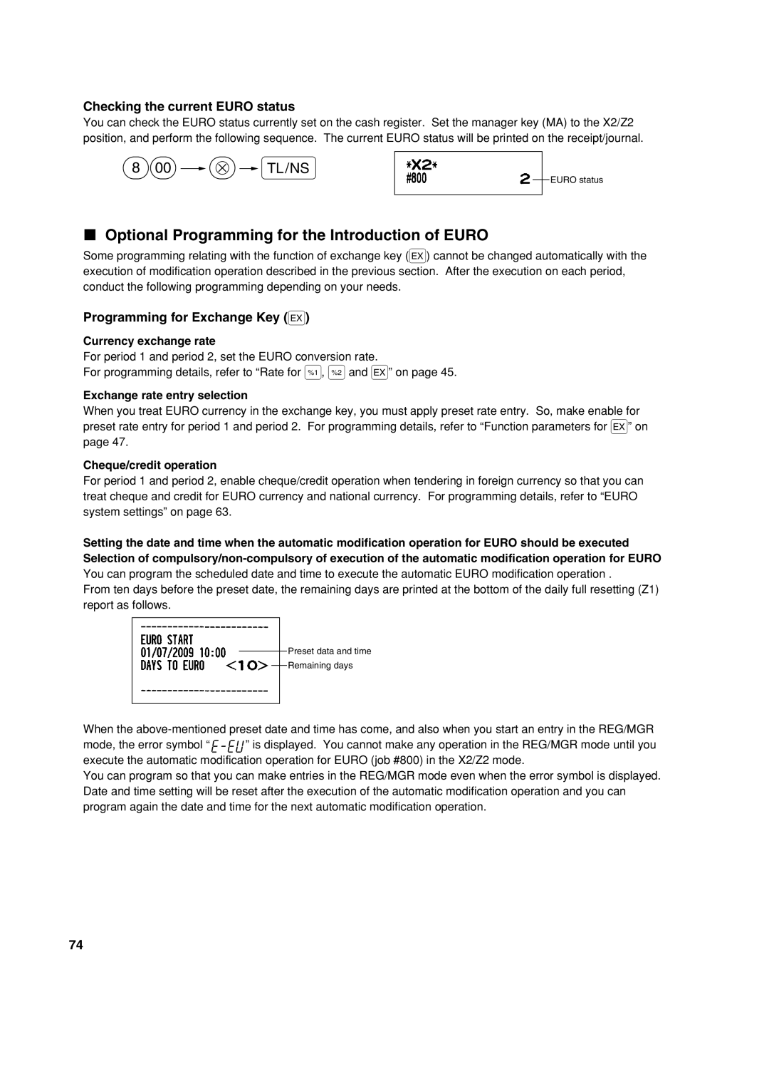 Sharp XE-A113 instruction manual Optional Programming for the Introduction of Euro, Checking the current Euro status 