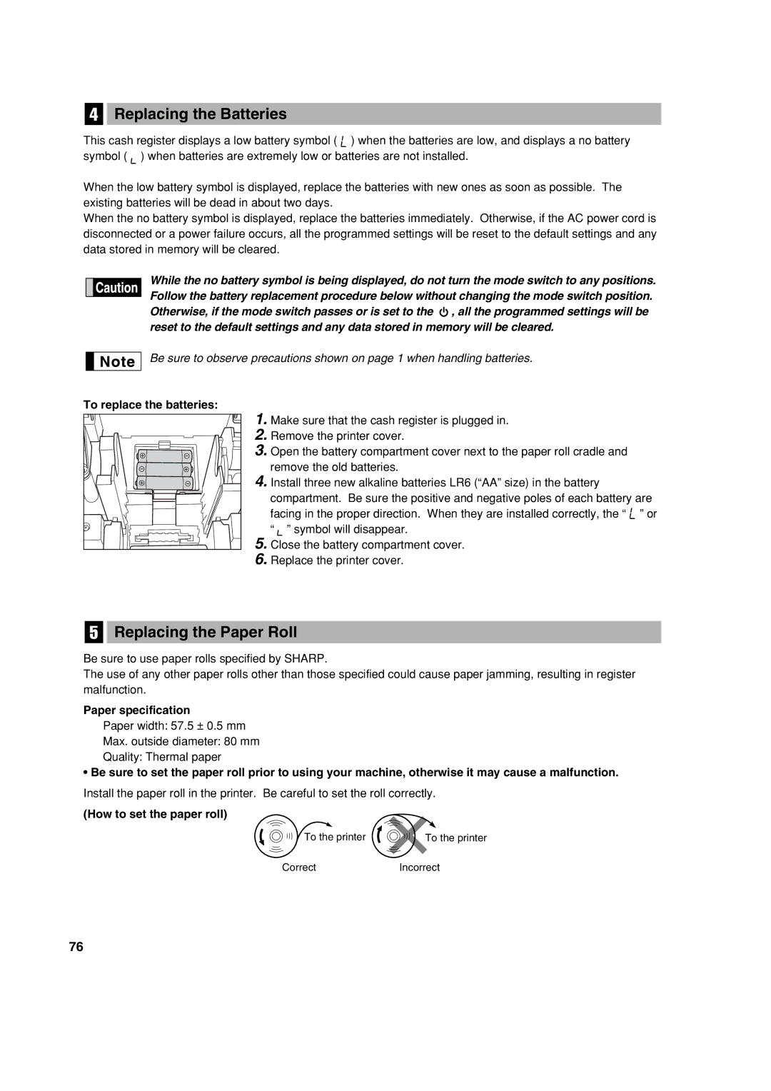 Sharp XE-A113 Replacing the Batteries, Replacing the Paper Roll, To replace the batteries, Paper specification 