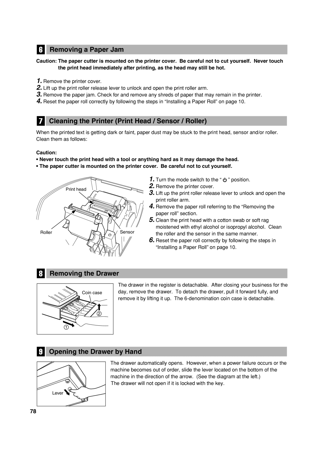 Sharp XE-A113 Removing a Paper Jam, Cleaning the Printer Print Head / Sensor / Roller, Removing the Drawer 