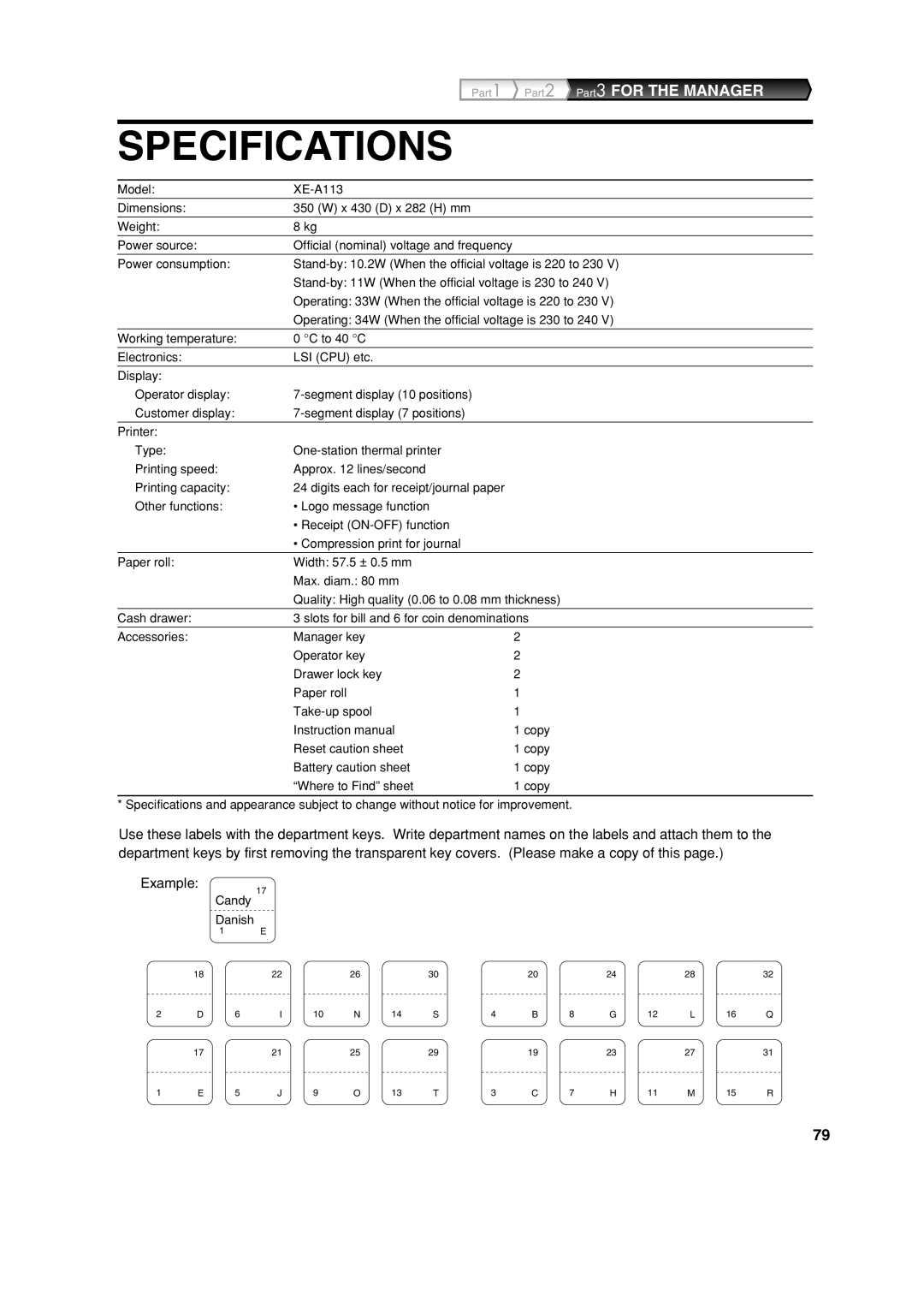 Sharp XE-A113 instruction manual Specifications 