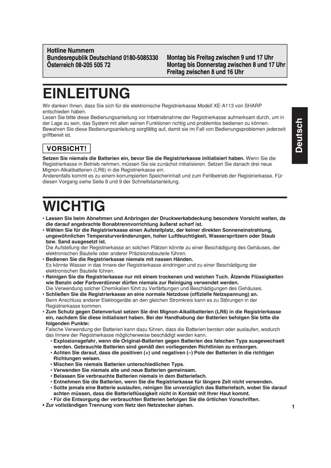 Sharp XE-A113 instruction manual Einleitung, Wichtig, Hotline Nummern, Österreich 08-205 505, Freitag zwischen 8 und 16 Uhr 