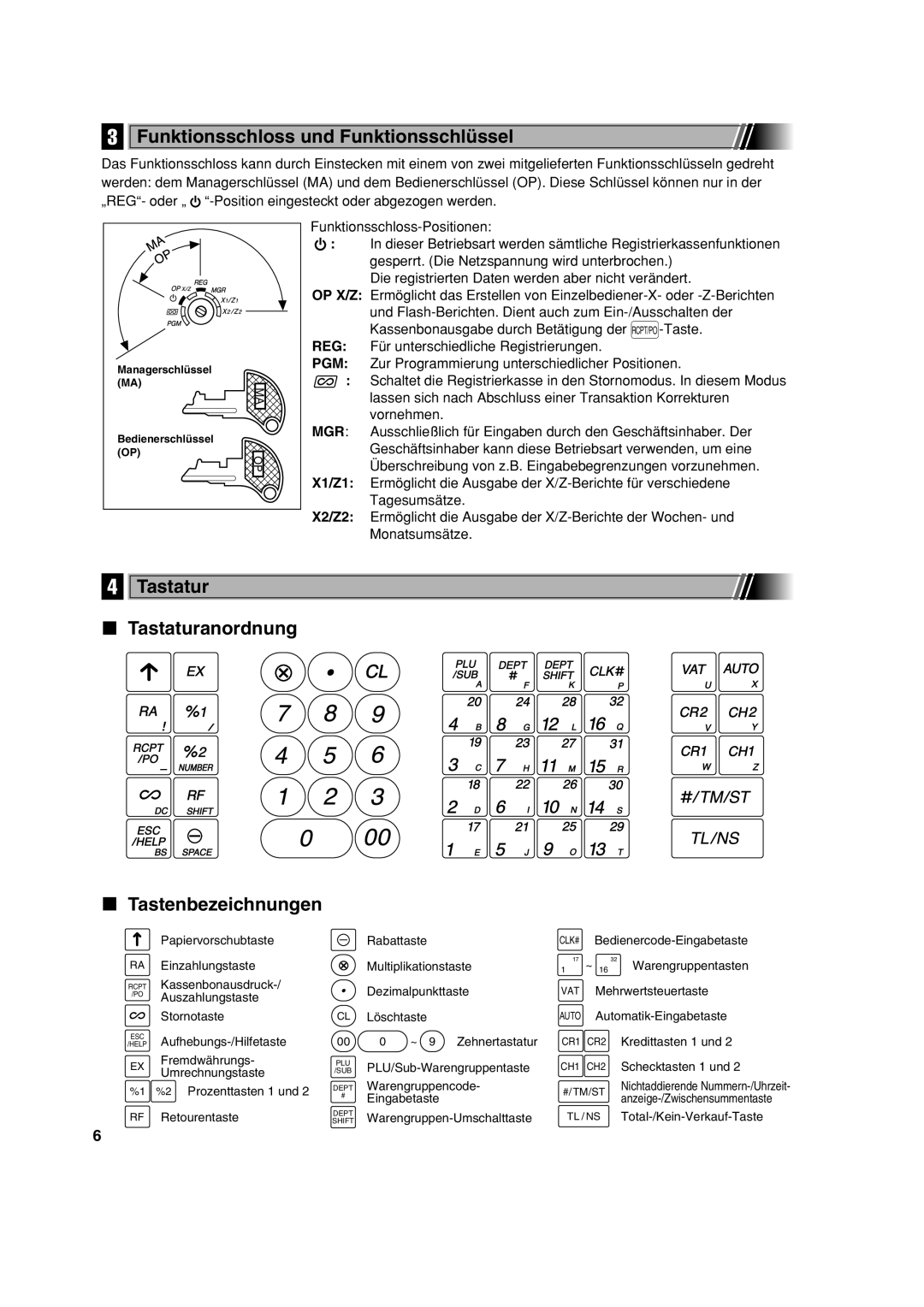 Sharp XE-A113 instruction manual Funktionsschloss und Funktionsschlüssel, Tastatur Tastaturanordnung Tastenbezeichnungen 