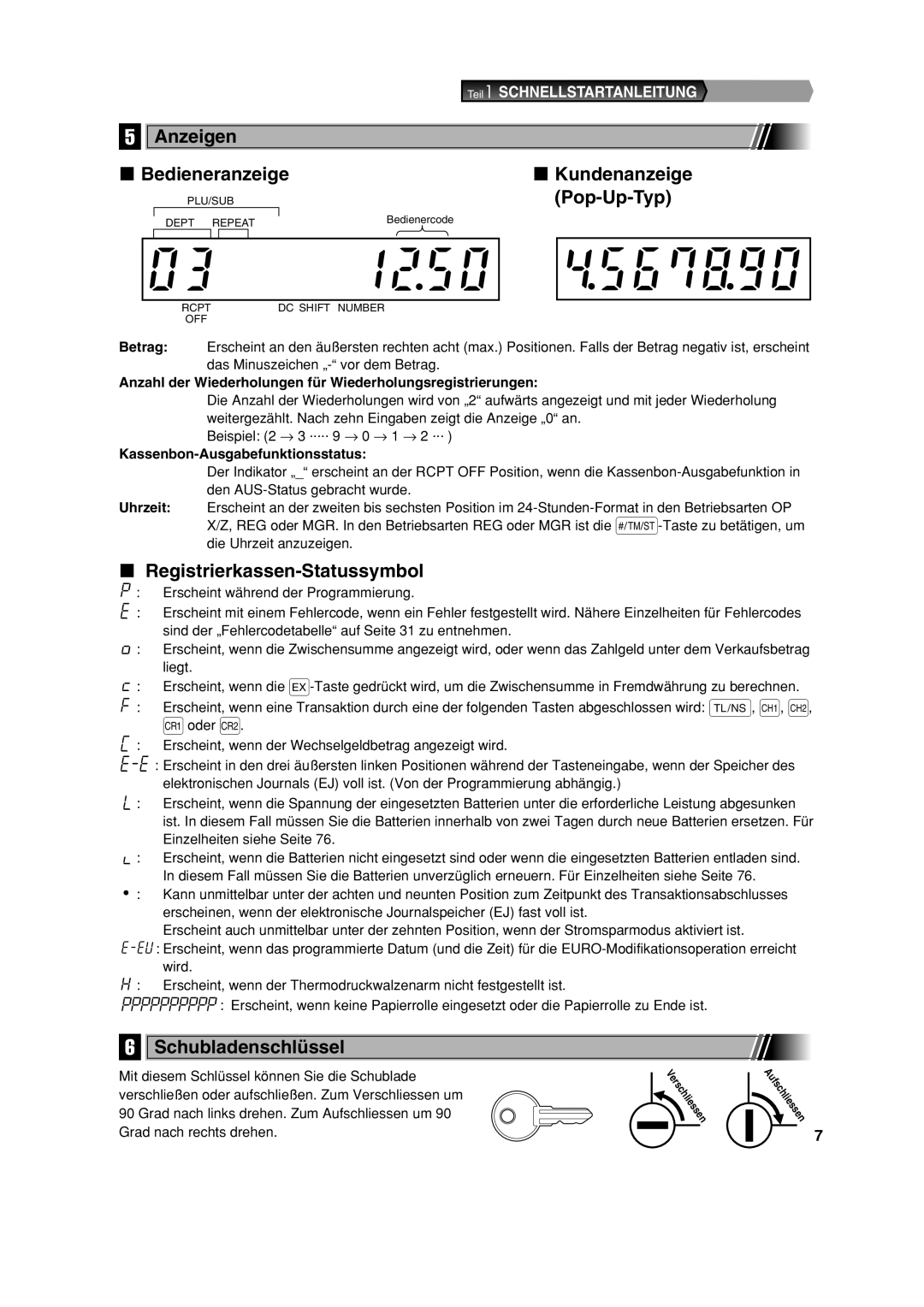 Sharp XE-A113 instruction manual Bedieneranzeige, Pop-Up-Typ, Registrierkassen-Statussymbol, Schubladenschlüssel 