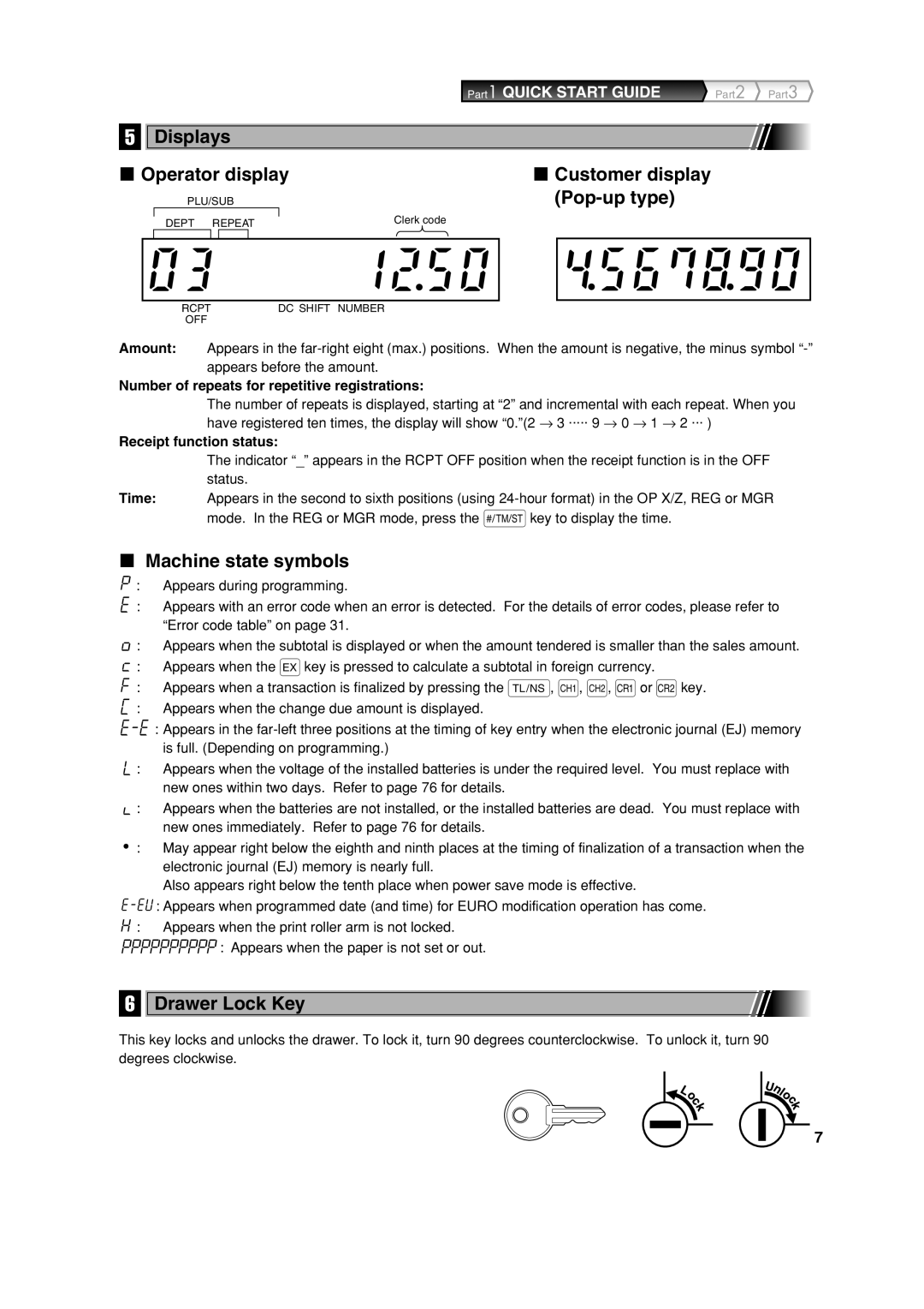 Sharp XE-A113 Displays Operator display, Customer display Pop-up type, Machine state symbols, Drawer Lock Key 