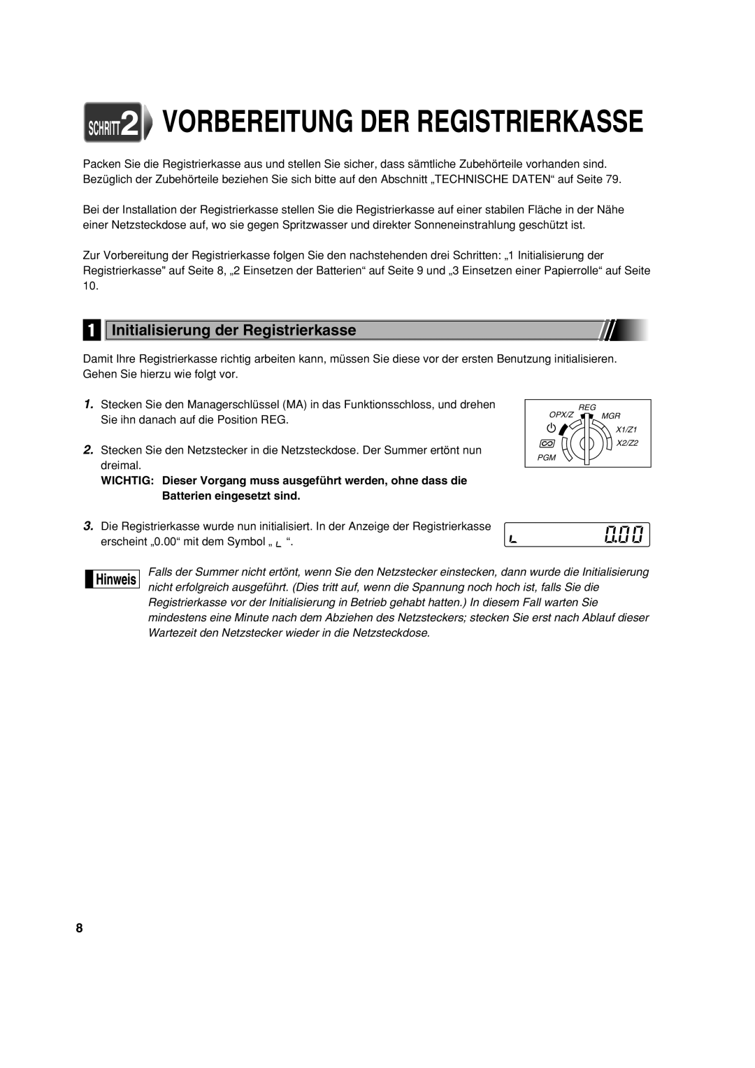 Sharp XE-A113 instruction manual SCHRITT2 Vorbereitung DER Registrierkasse, Initialisierung der Registrierkasse 