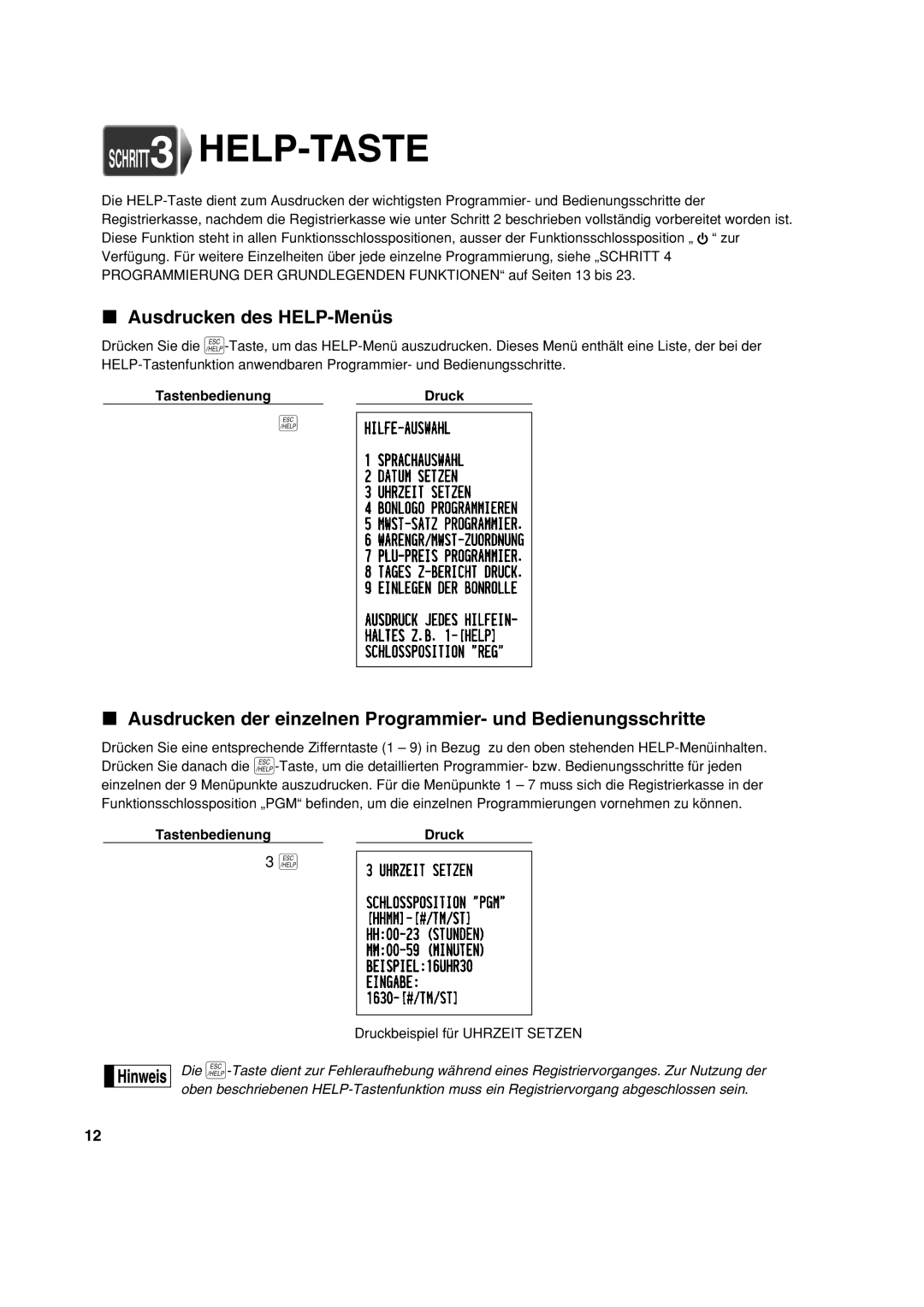 Sharp XE-A113 SCHRITT3 HELP-TASTE, Ausdrucken des HELP-Menüs, Tastenbedienung Druck, Druckbeispiel für Uhrzeit Setzen 