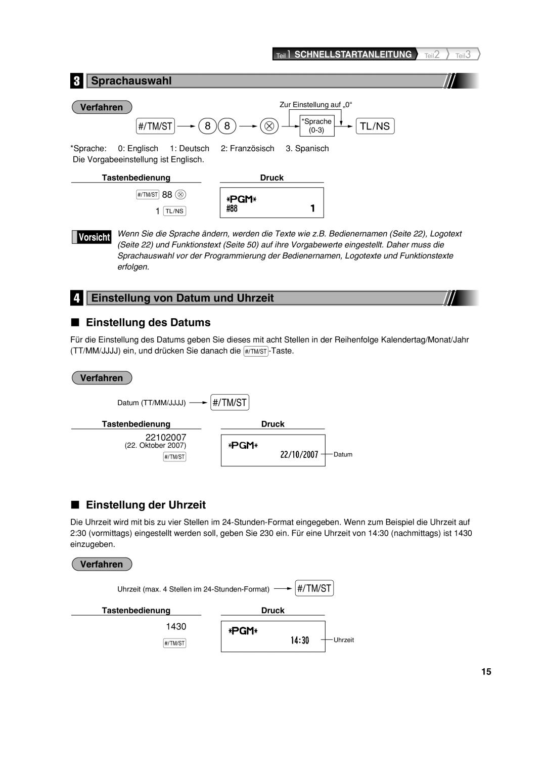 Sharp XE-A113 Sprachauswahl, Einstellung von Datum und Uhrzeit Einstellung des Datums, Einstellung der Uhrzeit 