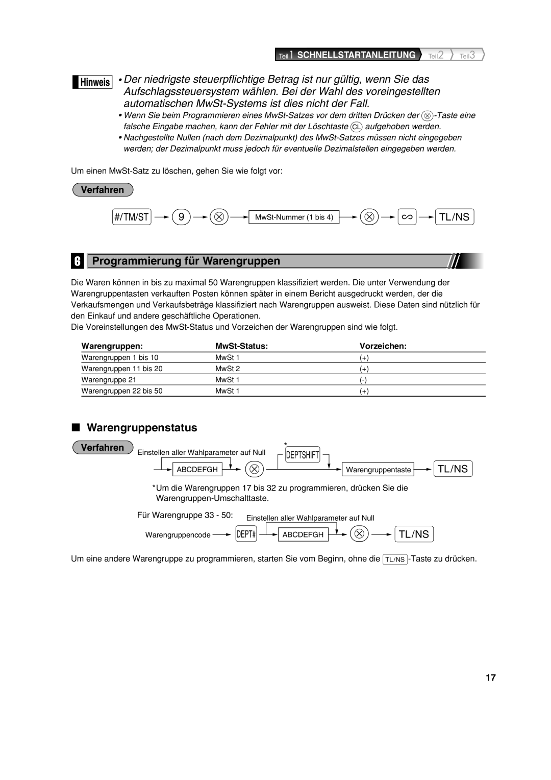 Sharp XE-A113 Programmierung für Warengruppen, Warengruppenstatus, Um einen MwSt-Satz zu löschen, gehen Sie wie folgt vor 