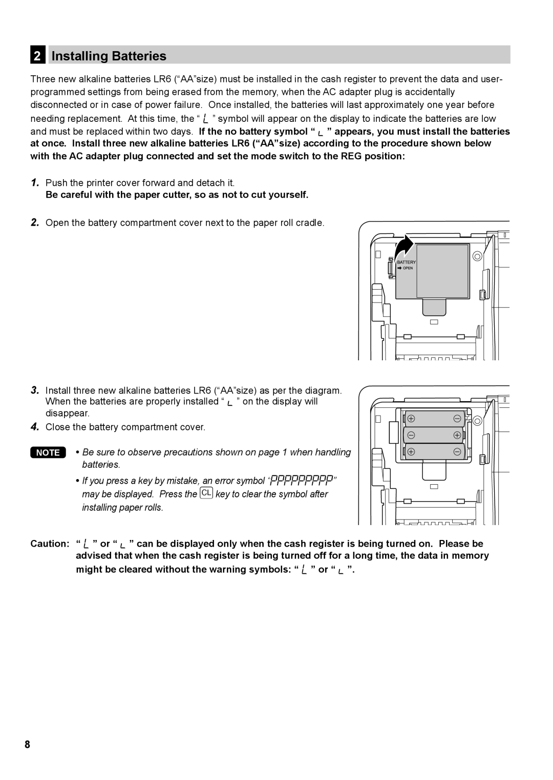 Sharp XE-A147, XE-A137 instruction manual Installing Batteries, Be careful with the paper cutter, so as not to cut yourself 