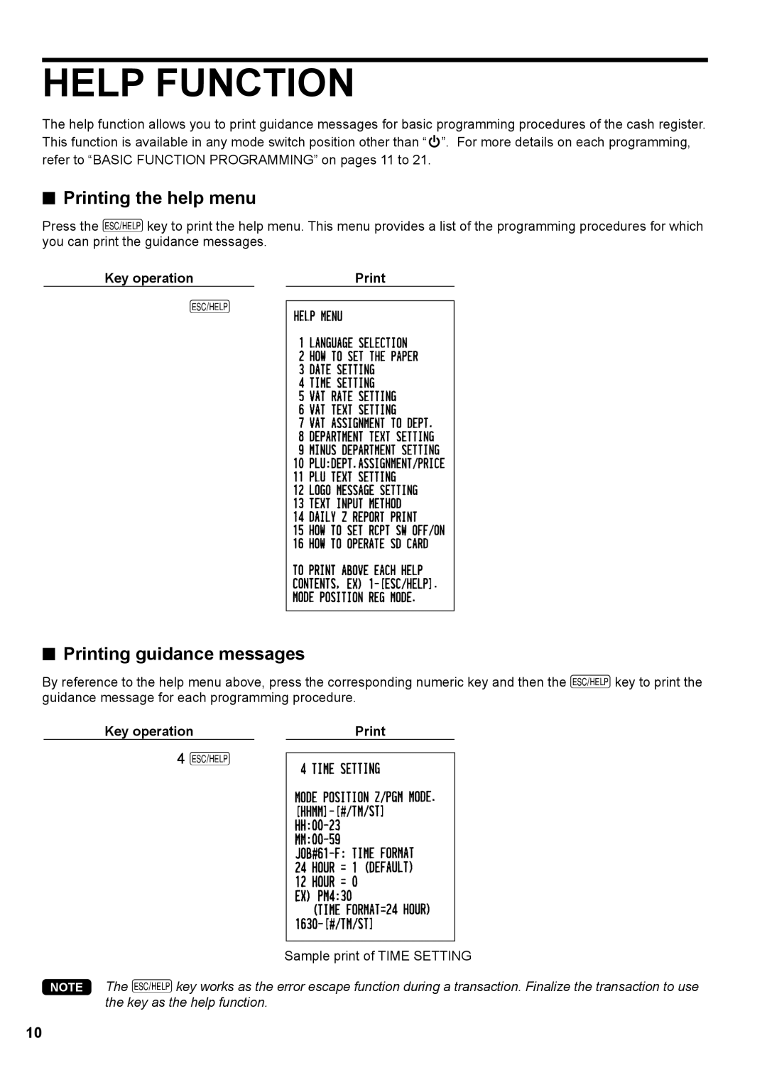 Sharp XE-A147, XE-A137 Help Function, Printing the help menu, Printing guidance messages, Key operation Print 