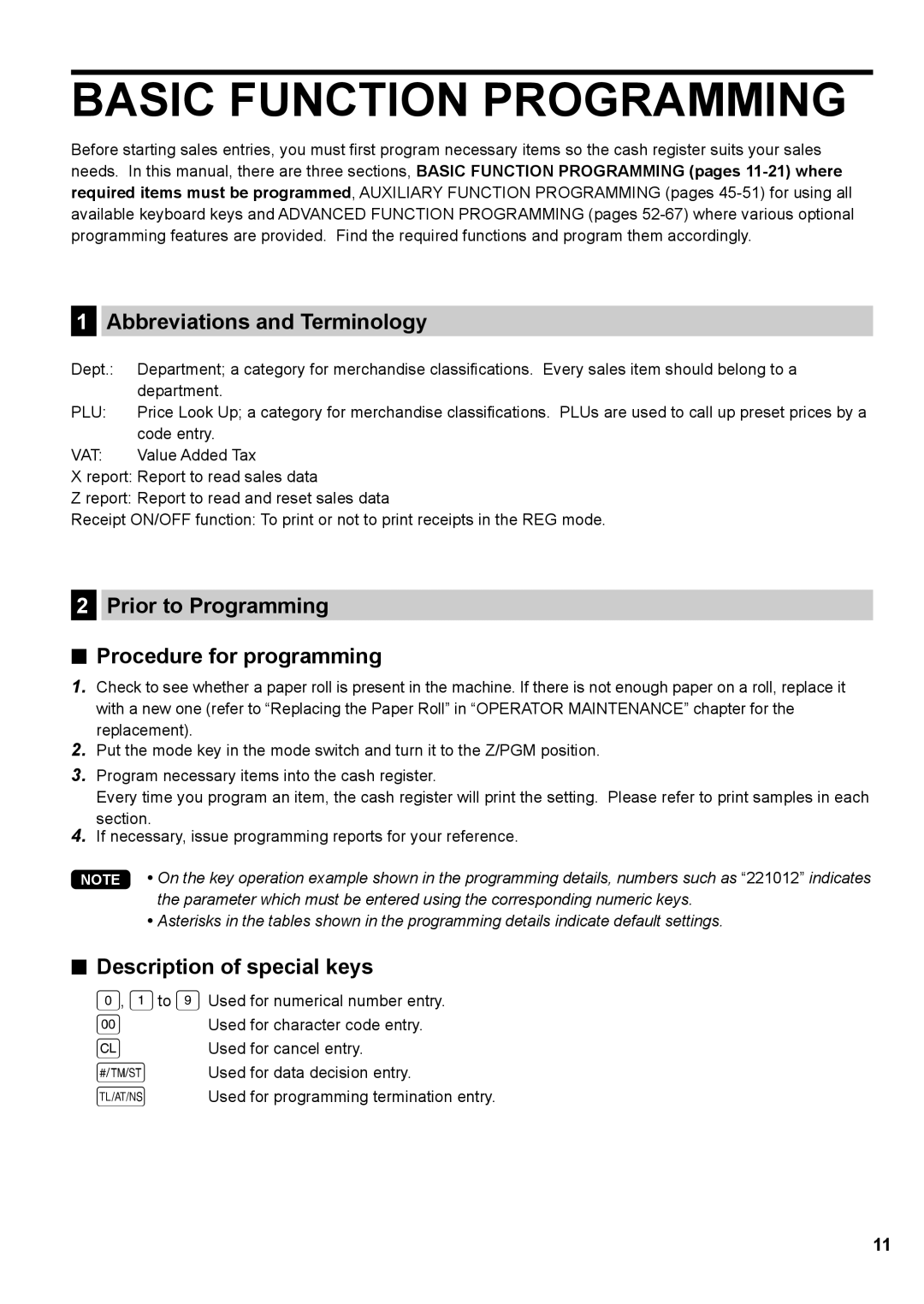 Sharp XE-A137 Basic Function Programming, Abbreviations and Terminology, Prior to Programming Procedure for programming 