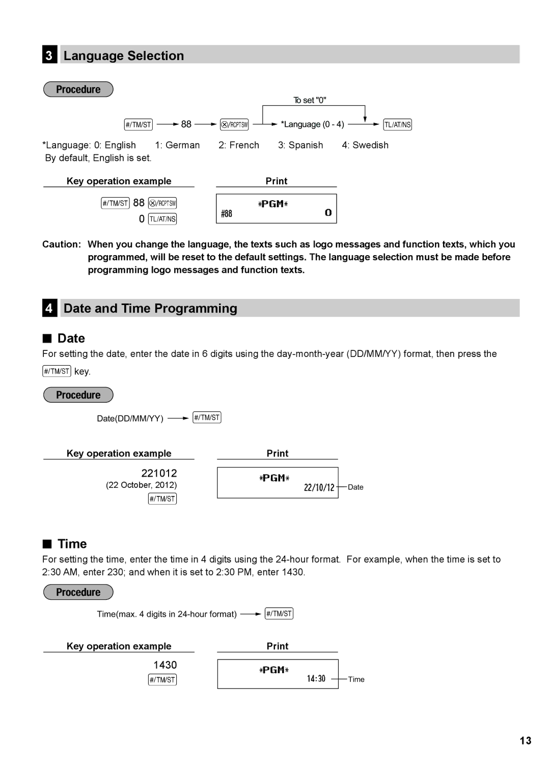 Sharp XE-A137, XE-A147 instruction manual Language Selection, Date and Time Programming, Key operation example Print 