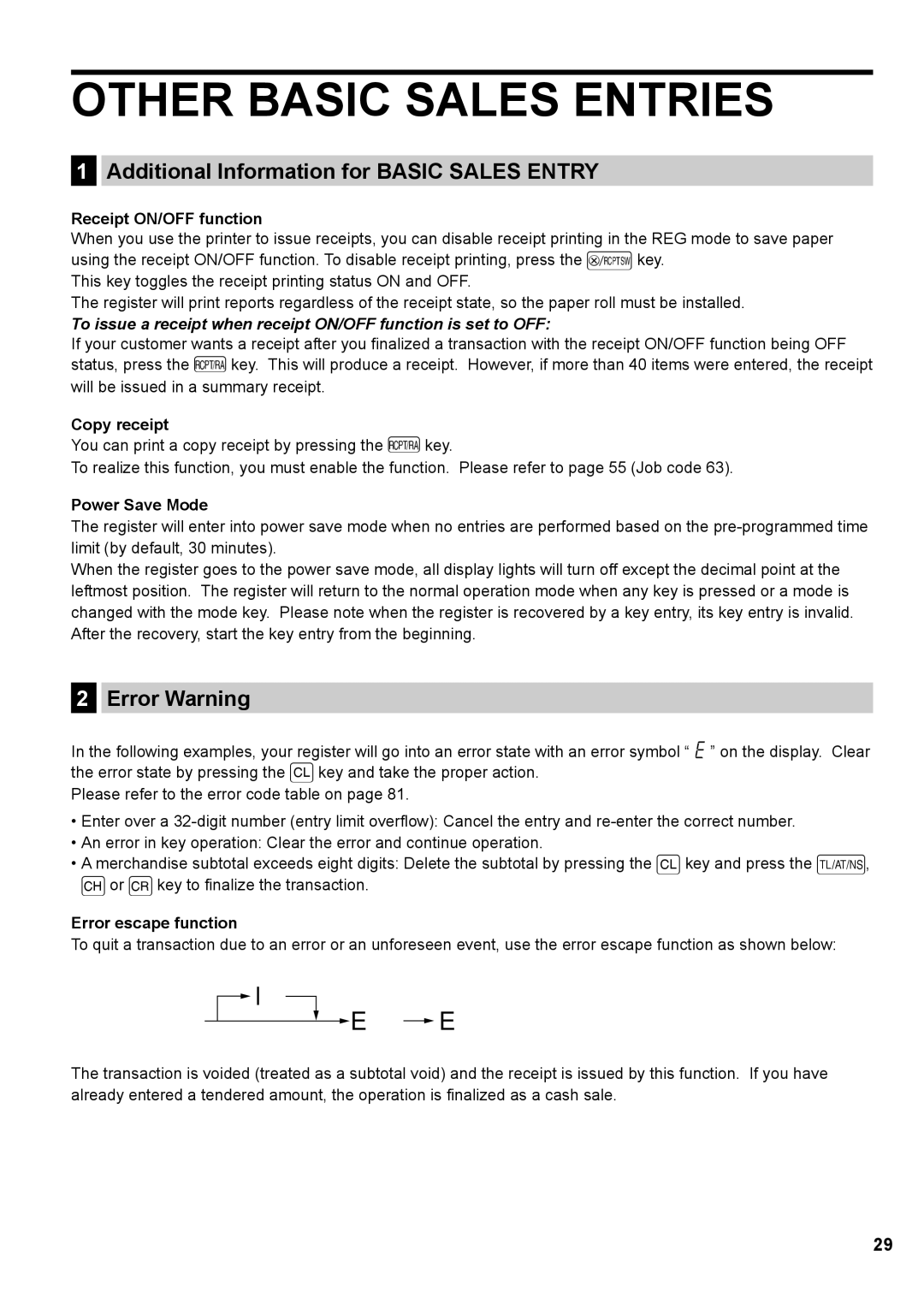 Sharp XE-A137, XE-A147 Other Basic Sales Entries, Additional Information for Basic Sales Entry, Error Warning 