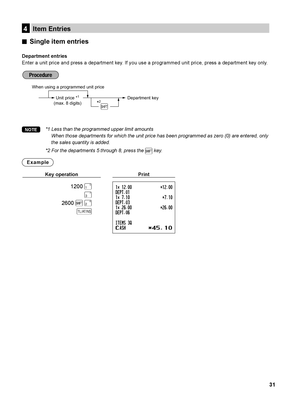 Sharp XE-A137, XE-A147 instruction manual Item Entries Single item entries, Department entries, Example Key operation Print 