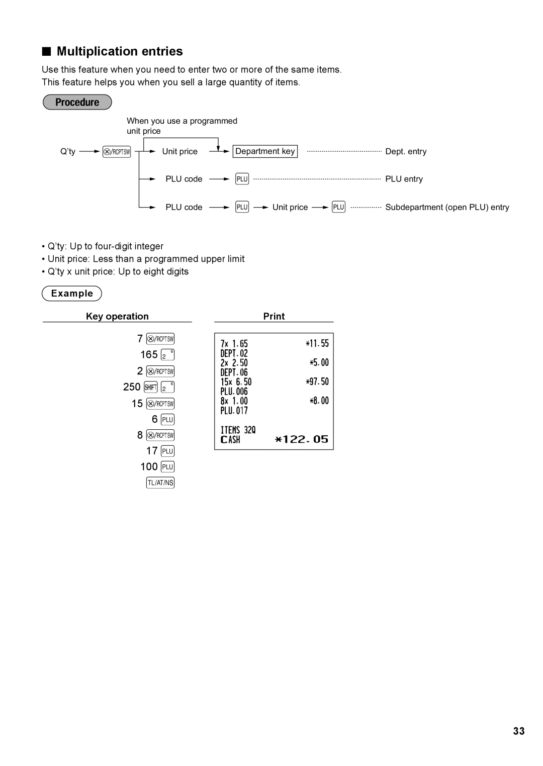 Sharp XE-A137, XE-A147 instruction manual 165 250 H 15 @ 17 p 100 p, Multiplication entries 