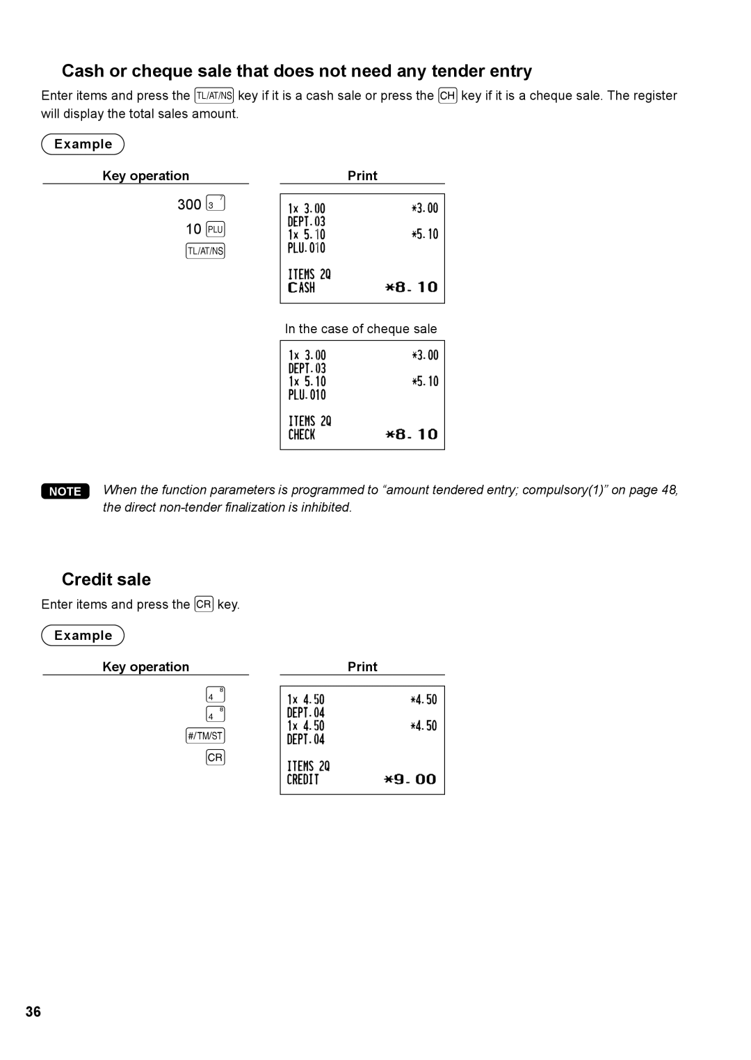 Sharp XE-A147, XE-A137 instruction manual 300 # 10 p, Cash or cheque sale that does not need any tender entry, Credit sale 