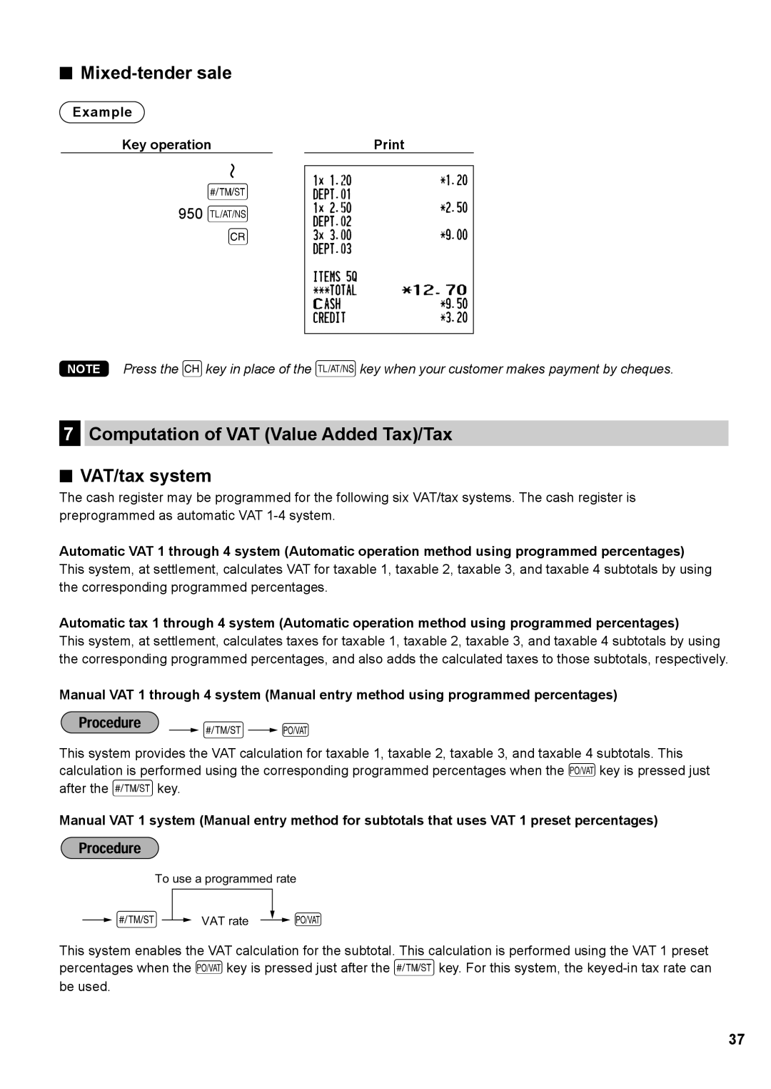 Sharp XE-A137, XE-A147 instruction manual 950 a c, Mixed-tender sale, Computation of VAT Value Added Tax/Tax VAT/tax system 