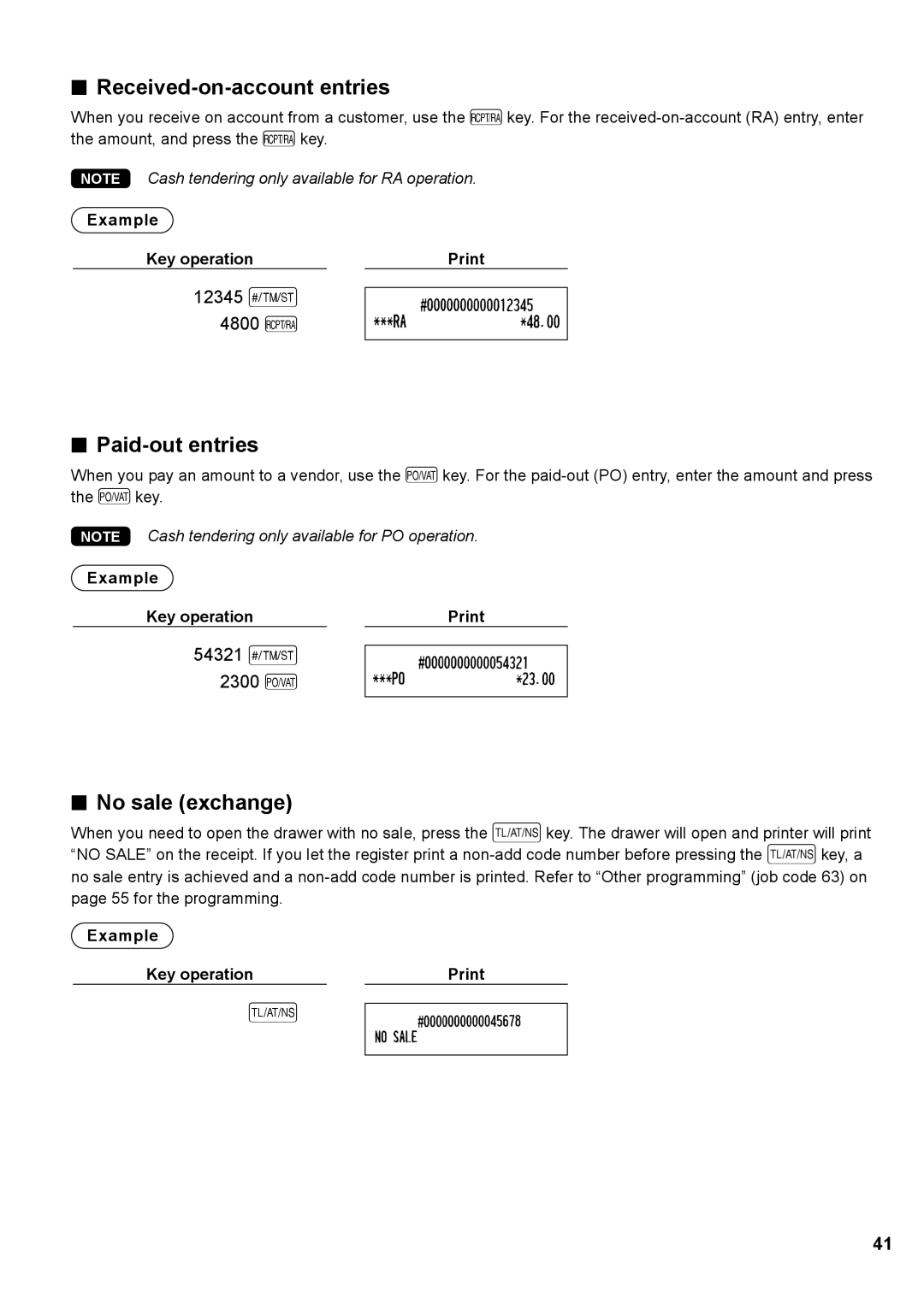 Sharp XE-A137, XE-A147 instruction manual Received-on-account entries, Paid-out entries, No sale exchange 