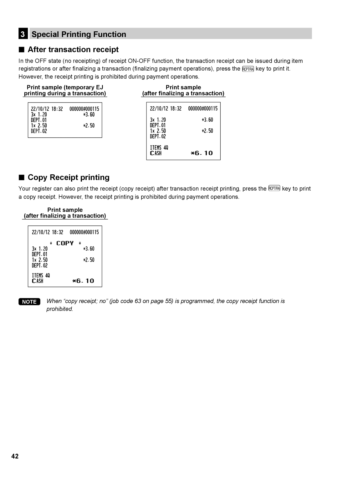 Sharp XE-A147, XE-A137 instruction manual Special Printing Function After transaction receipt, Copy Receipt printing 