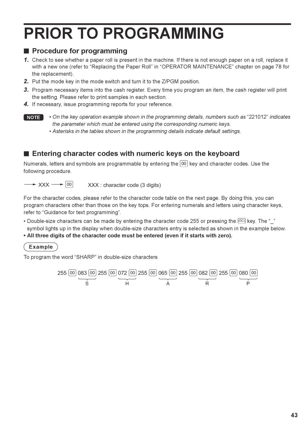 Sharp XE-A137, XE-A147 instruction manual Prior to Programming, Entering character codes with numeric keys on the keyboard 