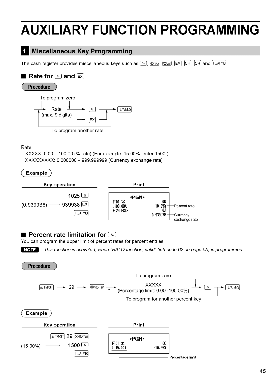 Sharp XE-A137, XE-A147 instruction manual Miscellaneous Key Programming, Rate for %, Percent rate limitation for % 