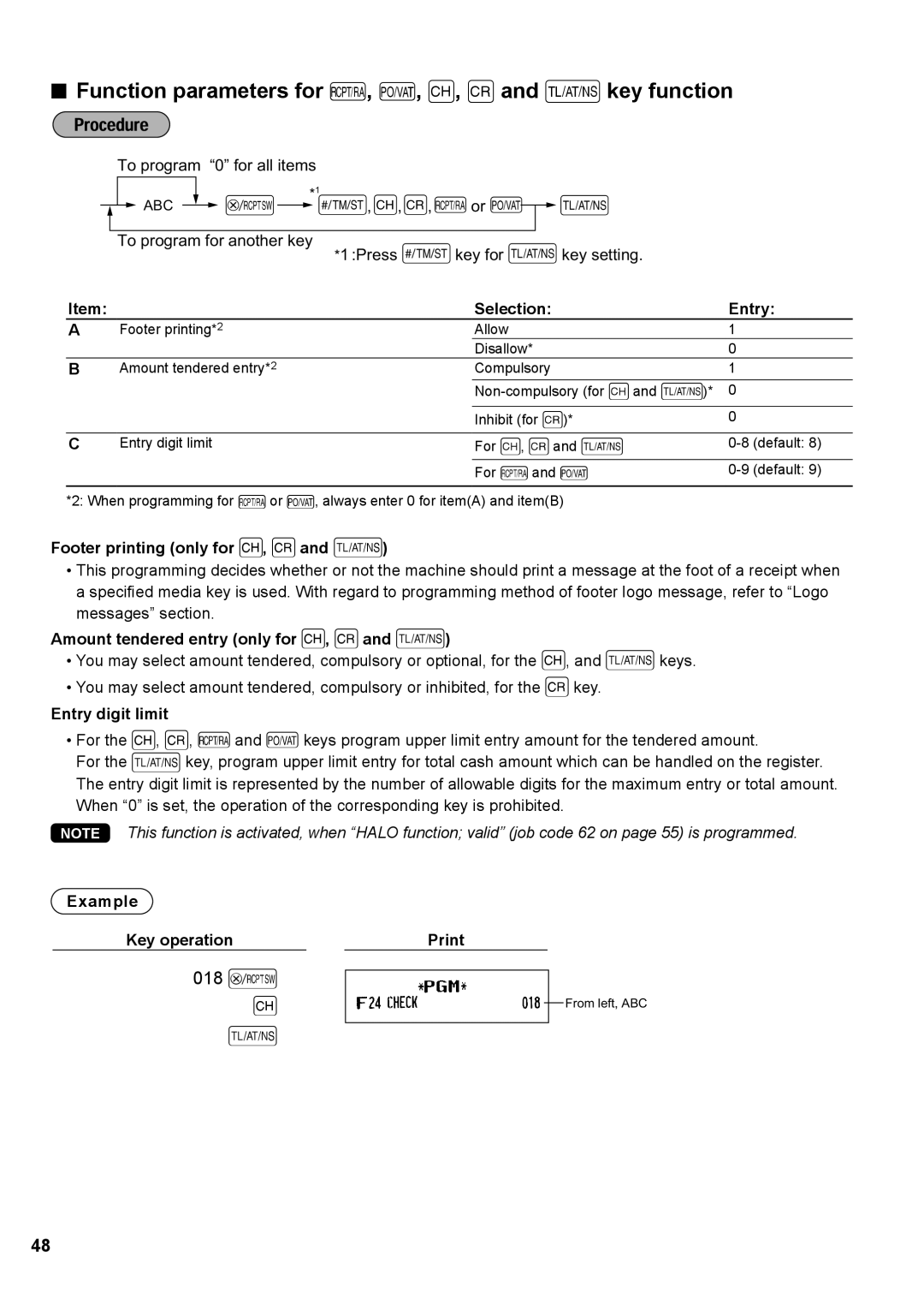 Sharp XE-A147 Function parameters for R, t, C, cand Akey function, Footer printing only for C, cand a, Entry digit limit 