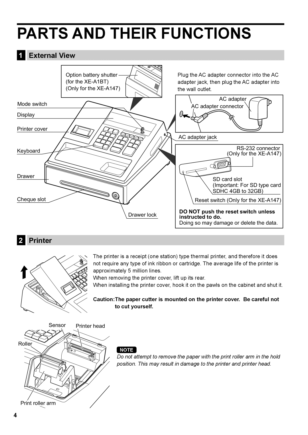 Sharp XE-A147 Parts and Their Functions, External View, Printer, Do not push the reset switch unless instructed to do 