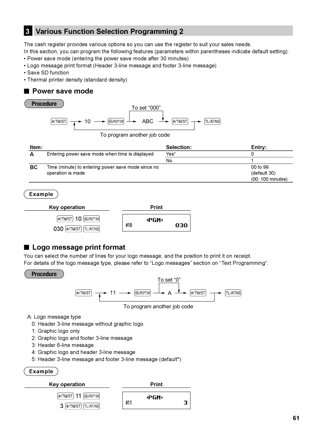 Sharp XE-A137, XE-A147 instruction manual 030 sA, 11 @ a s a, Power save mode, Logo message print format 