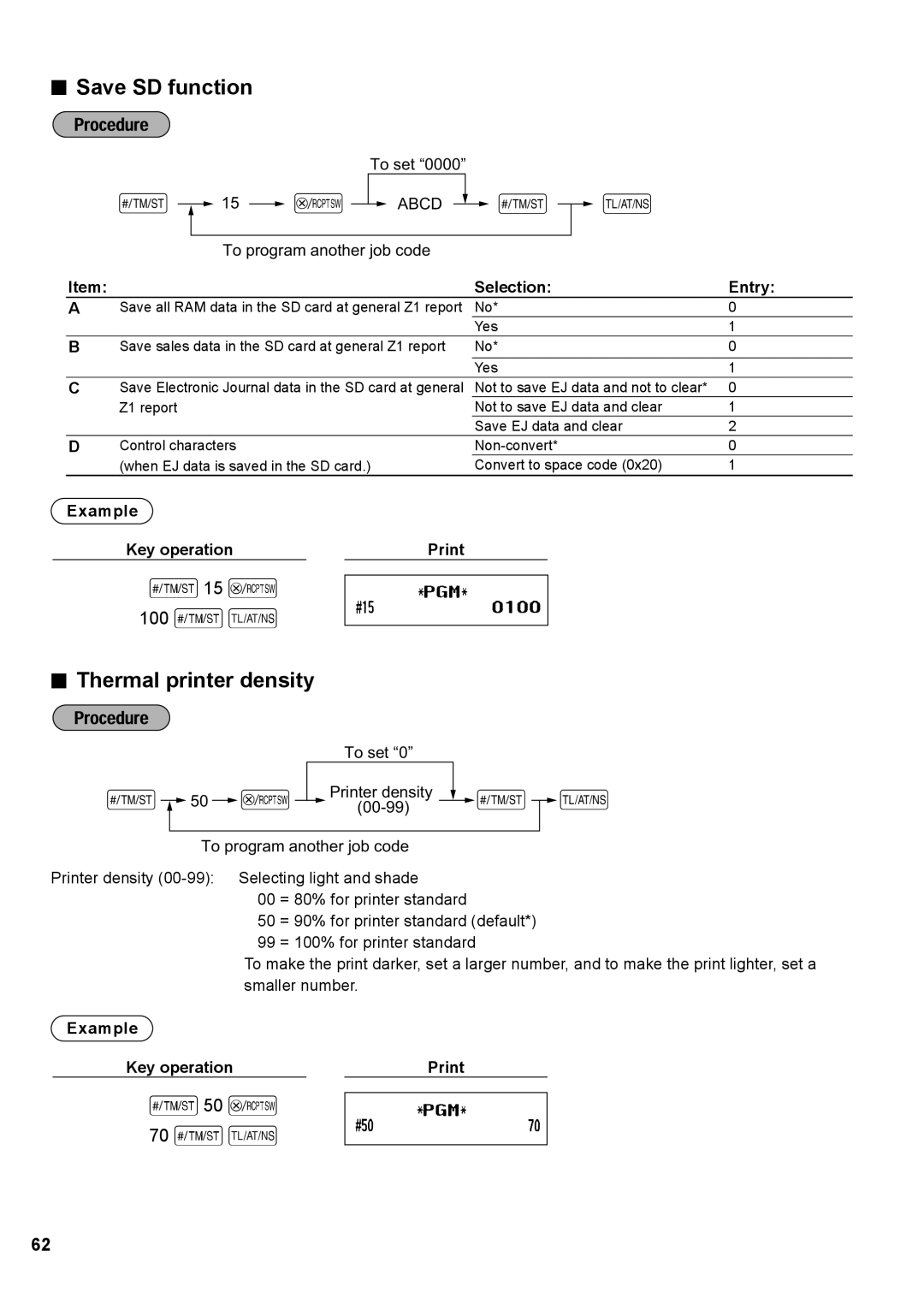 Sharp XE-A147, XE-A137 instruction manual 100 sA, 70 sA, Save SD function, Thermal printer density 