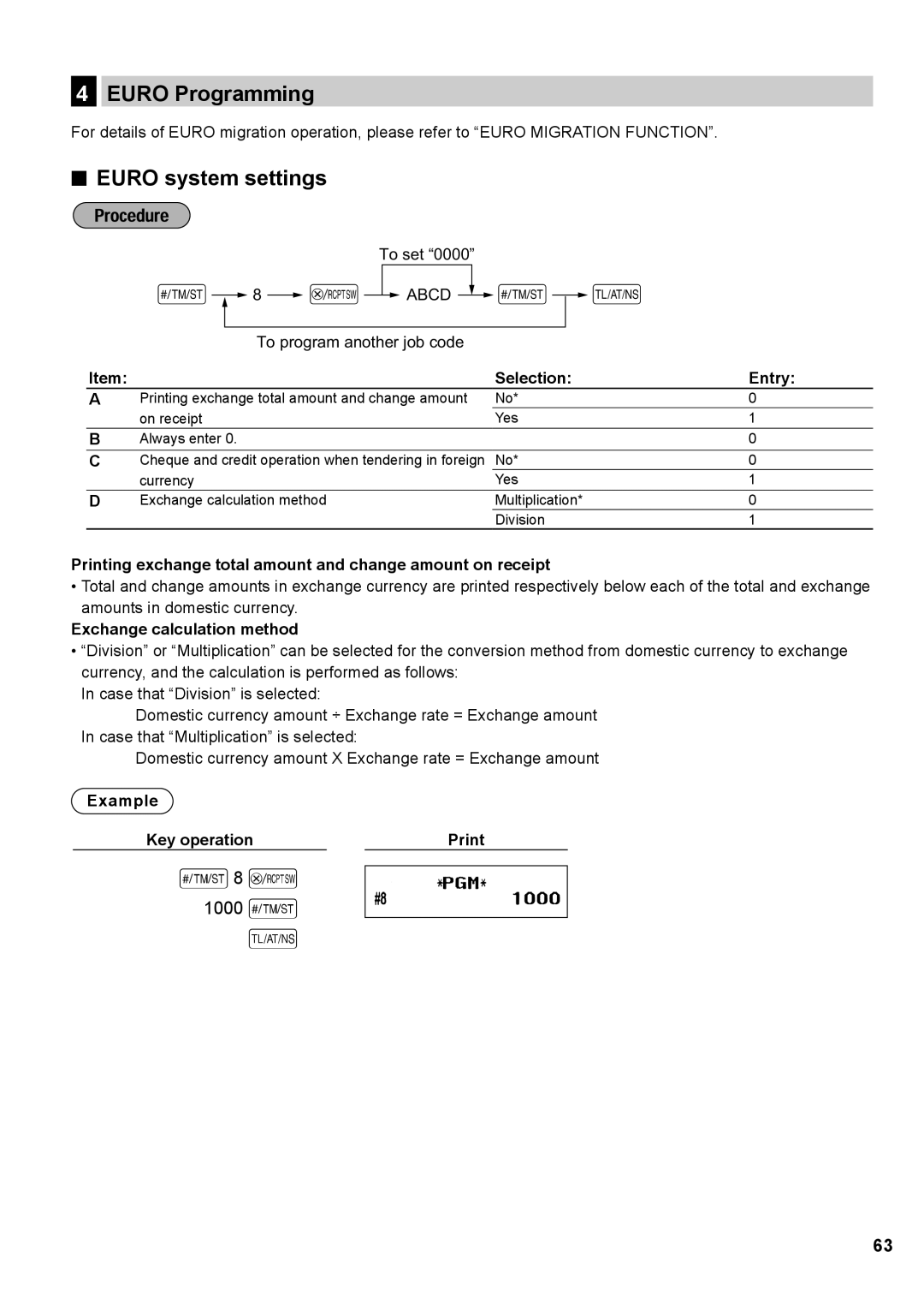 Sharp XE-A137 S8 @, Euro Programming, Euro system settings, Printing exchange total amount and change amount on receipt 