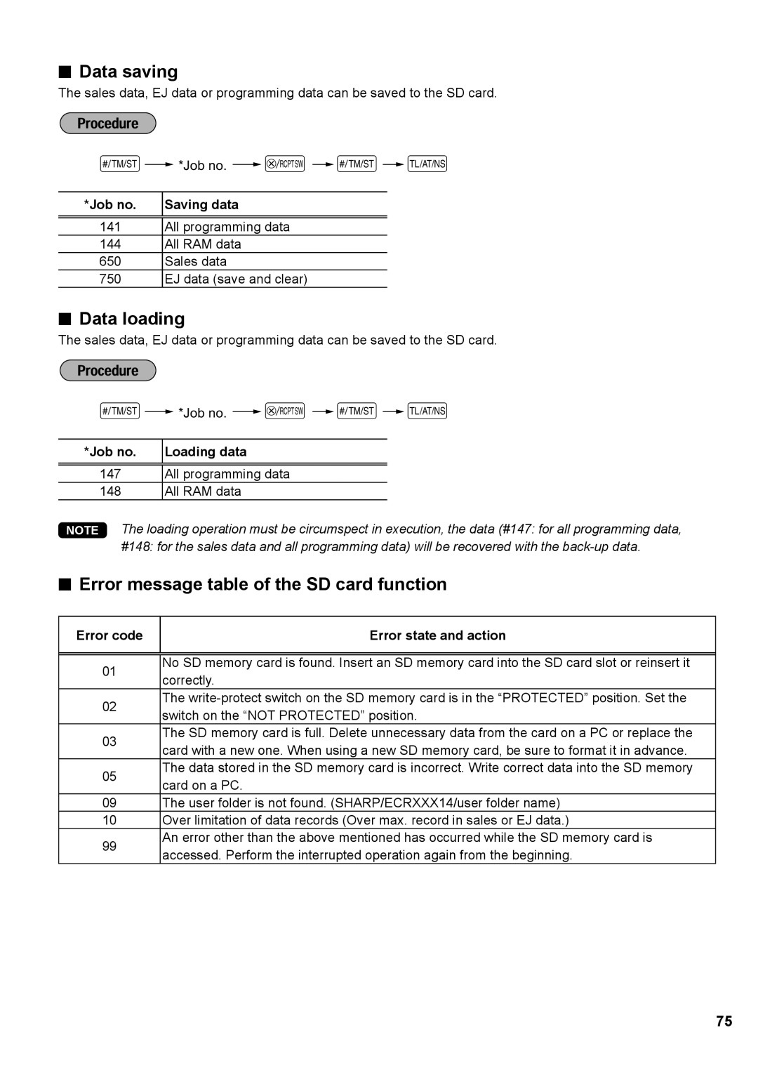 Sharp XE-A137, XE-A147 instruction manual Data saving, Data loading, Error message table of the SD card function 