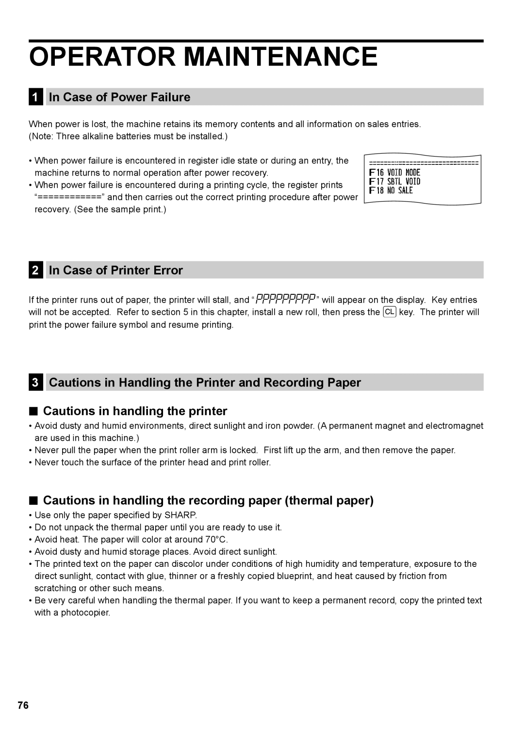 Sharp XE-A147, XE-A137 instruction manual Operator Maintenance, Case of Power Failure, Case of Printer Error 