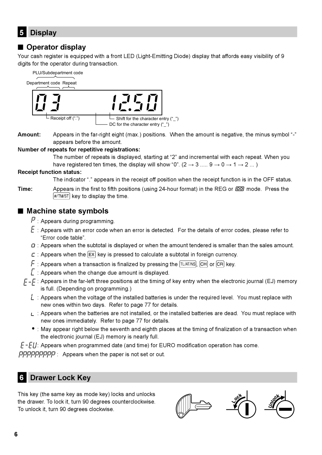 Sharp XE-A147, XE-A137 instruction manual Display Operator display, Machine state symbols, Drawer Lock Key 