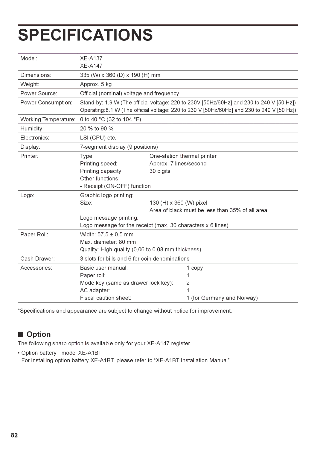 Sharp XE-A147, XE-A137 instruction manual Specifications, Option 