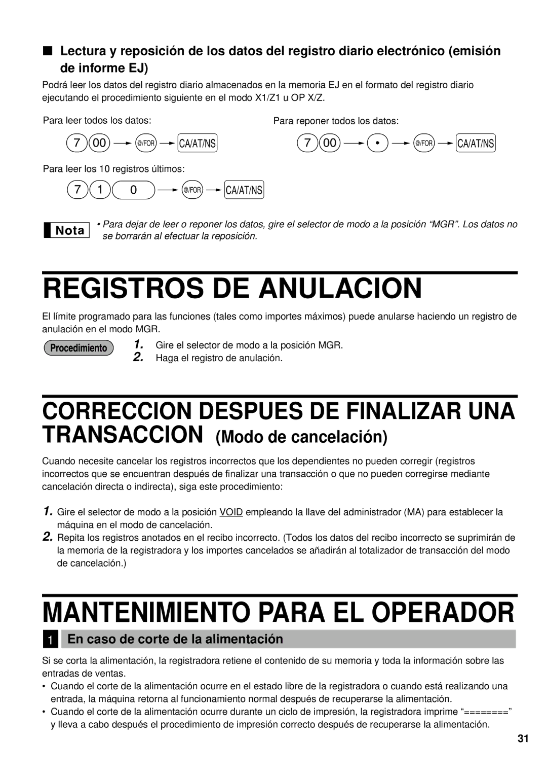 Sharp XE-A201 instruction manual Registros DE Anulacion, En caso de corte de la alimentació n 