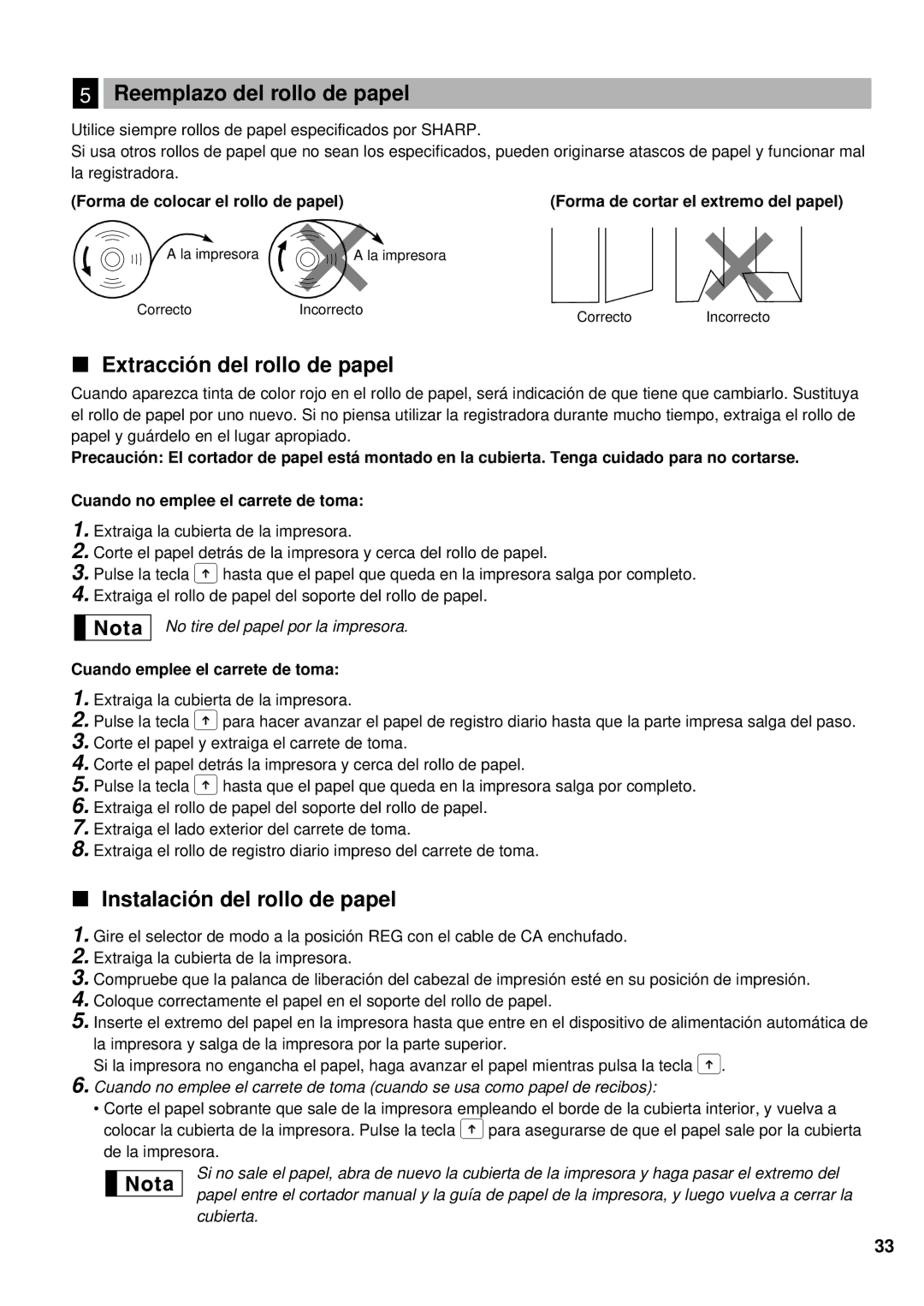 Sharp XE-A201 Reemplazo del rollo de papel, Extracción del rollo de papel, Instalación del rollo de papel 